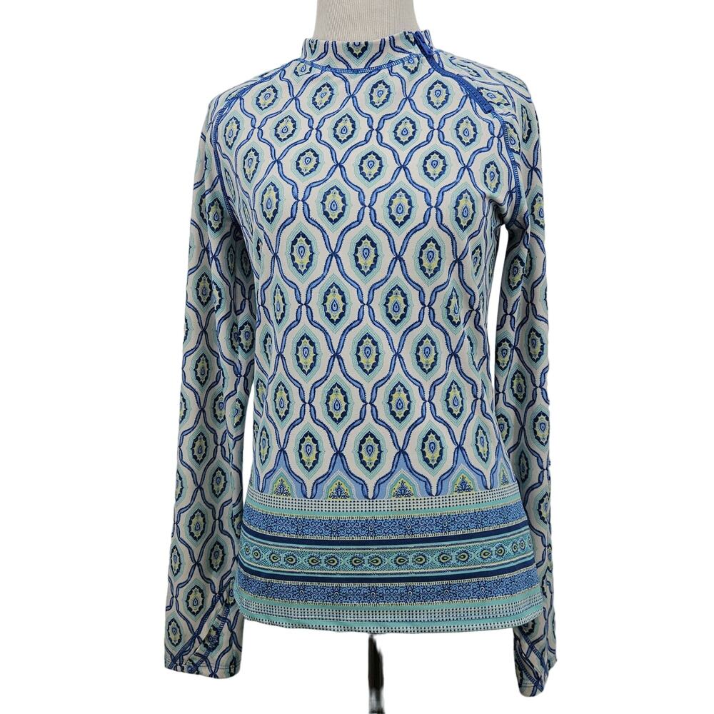 Cabana Life Small Swim Top Rash Guard Moroccan Blue Zip Mock Neck Long‎ Sleeve